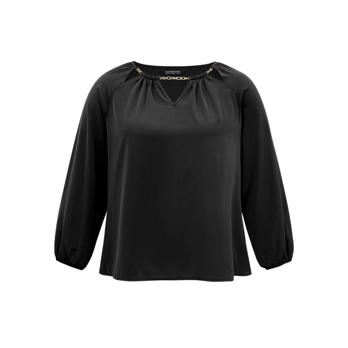 Plus Size Black Static-Free Chain Detail Cut Out Raglan Sleeve Blouse Women Office Long Sleeve Round Neck Office Blouses BloomChic 10/M Product Image