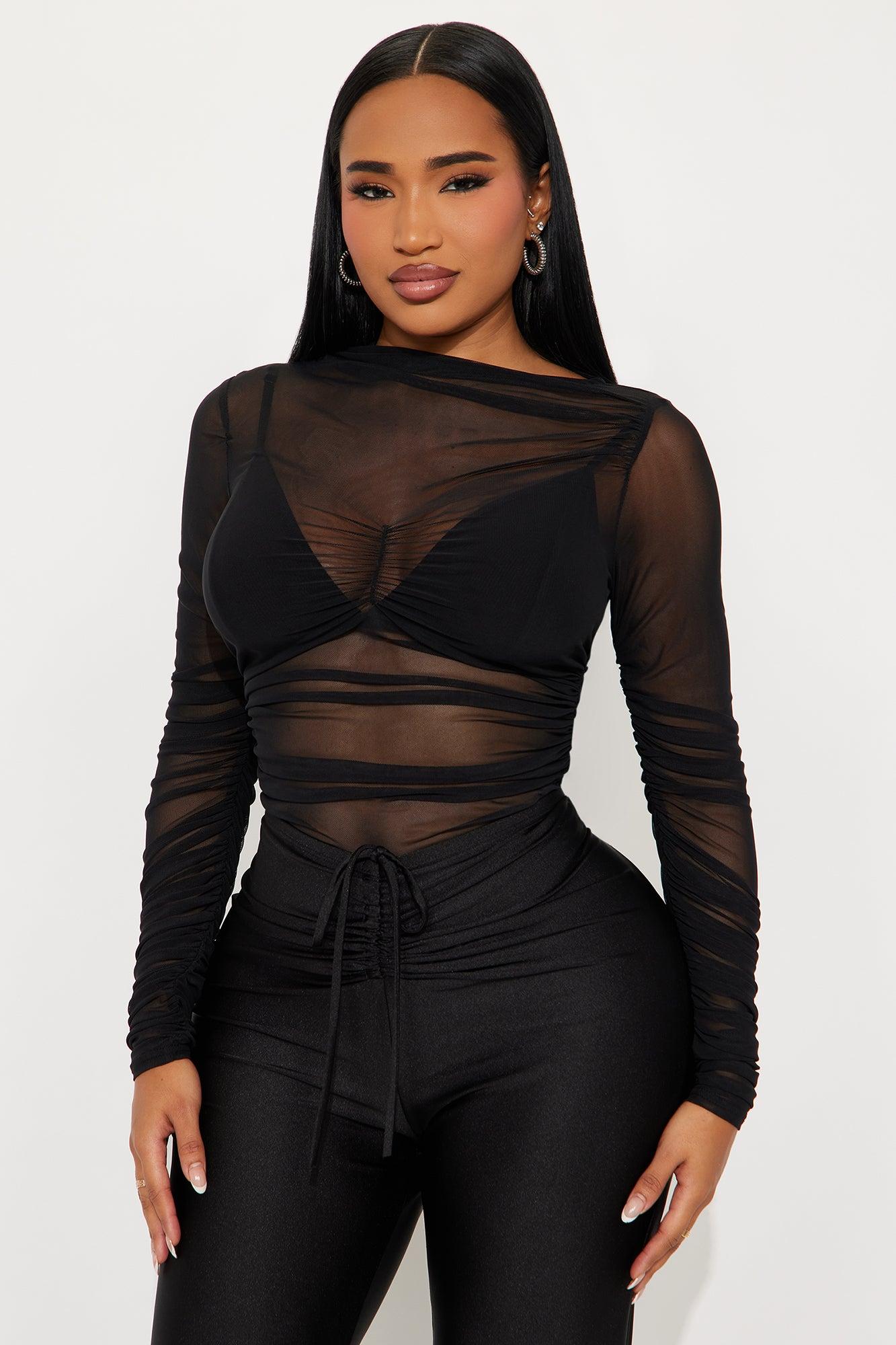 Power Trip Ruched Off Shoulder Mesh Bodysuit - Black Female Product Image