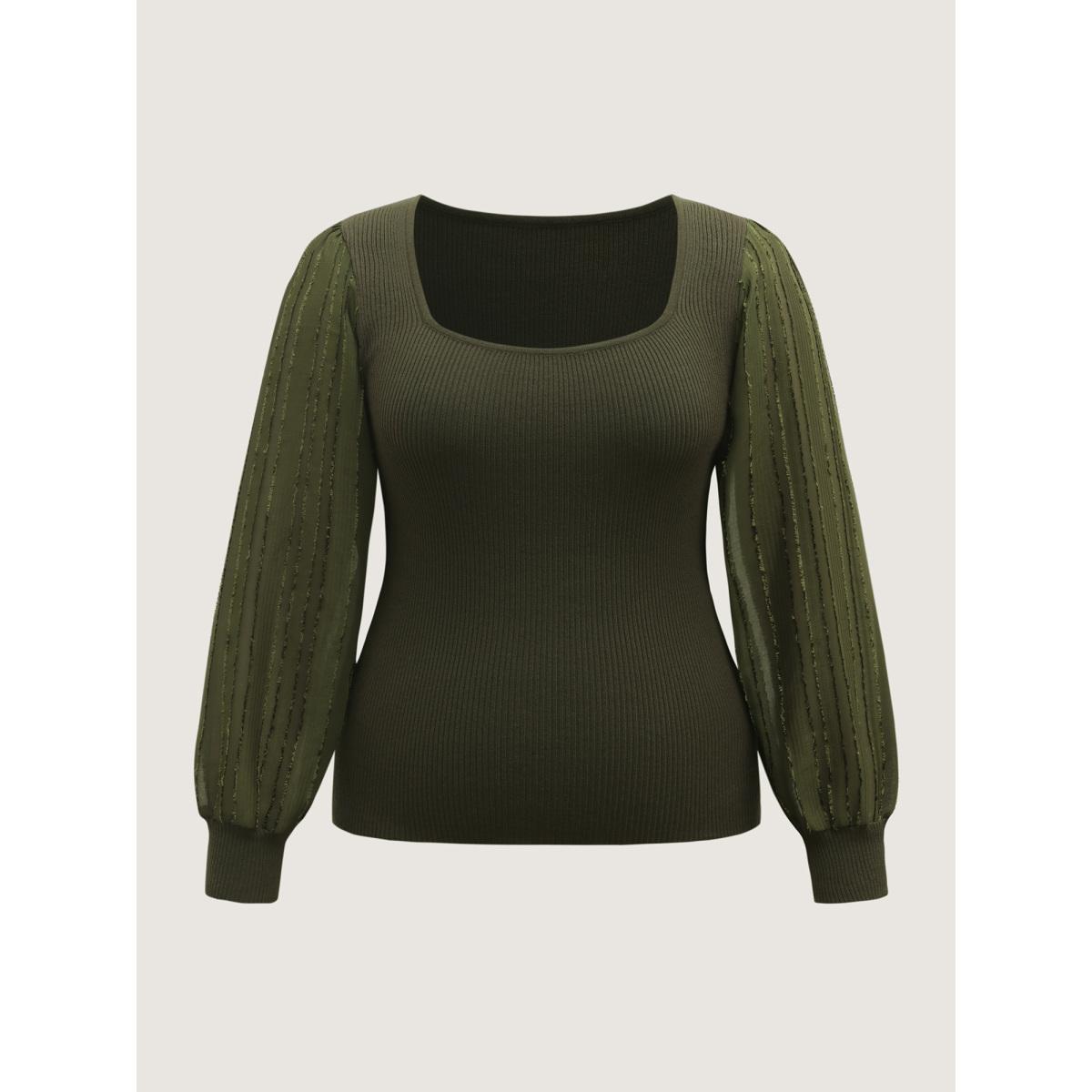 Plus Size Bodycon Fit Textured Square Neck Pullover ArmyGreen Women Romantic Bodycon Long Sleeve Square Neck Elegant Pullovers BloomChic 12/L Product Image