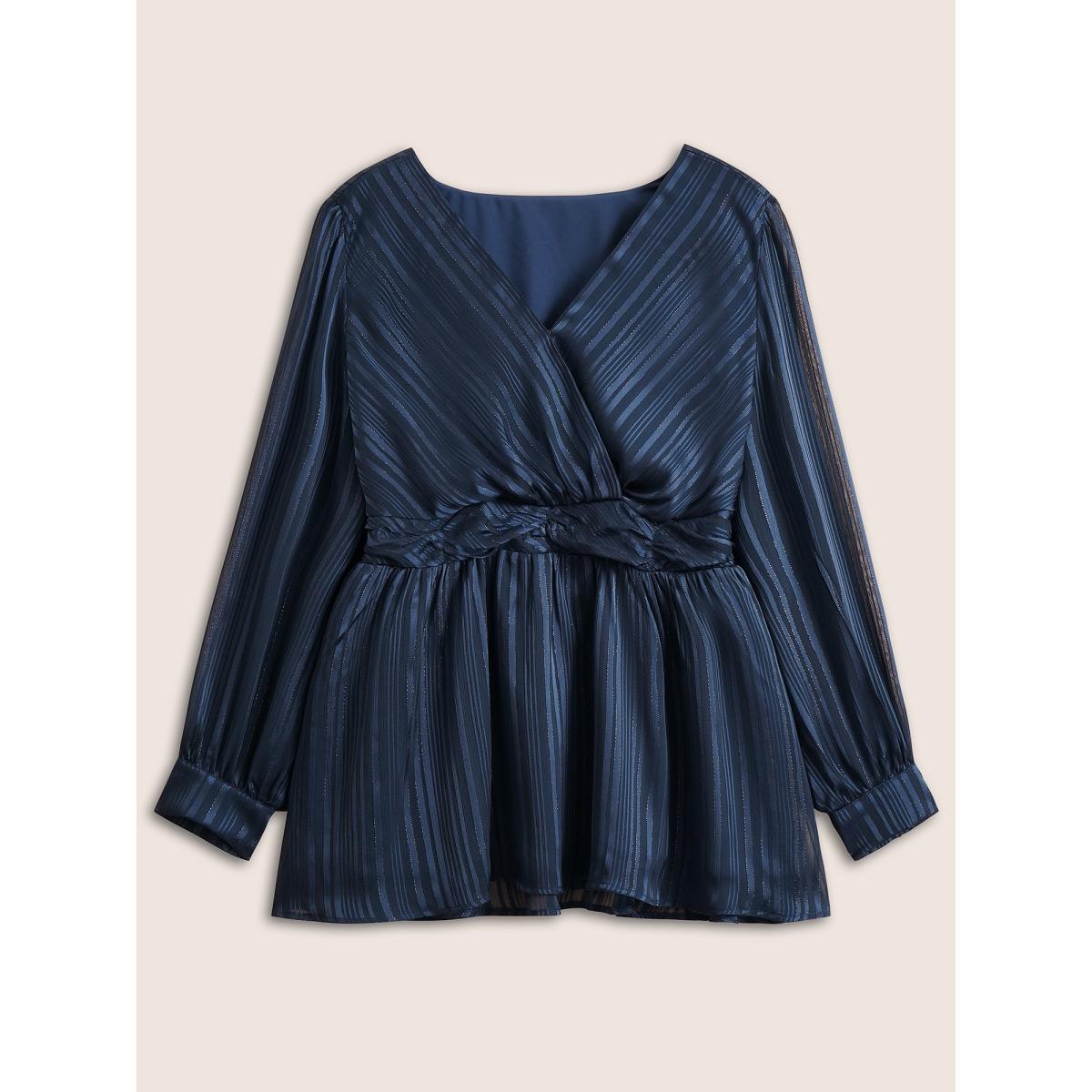 Plus Size Indigo Texture Ruched Mesh Wrap Blouse Women Cocktail Long Sleeve Overlap Collar Party Blouses BloomChic 28/5X Product Image