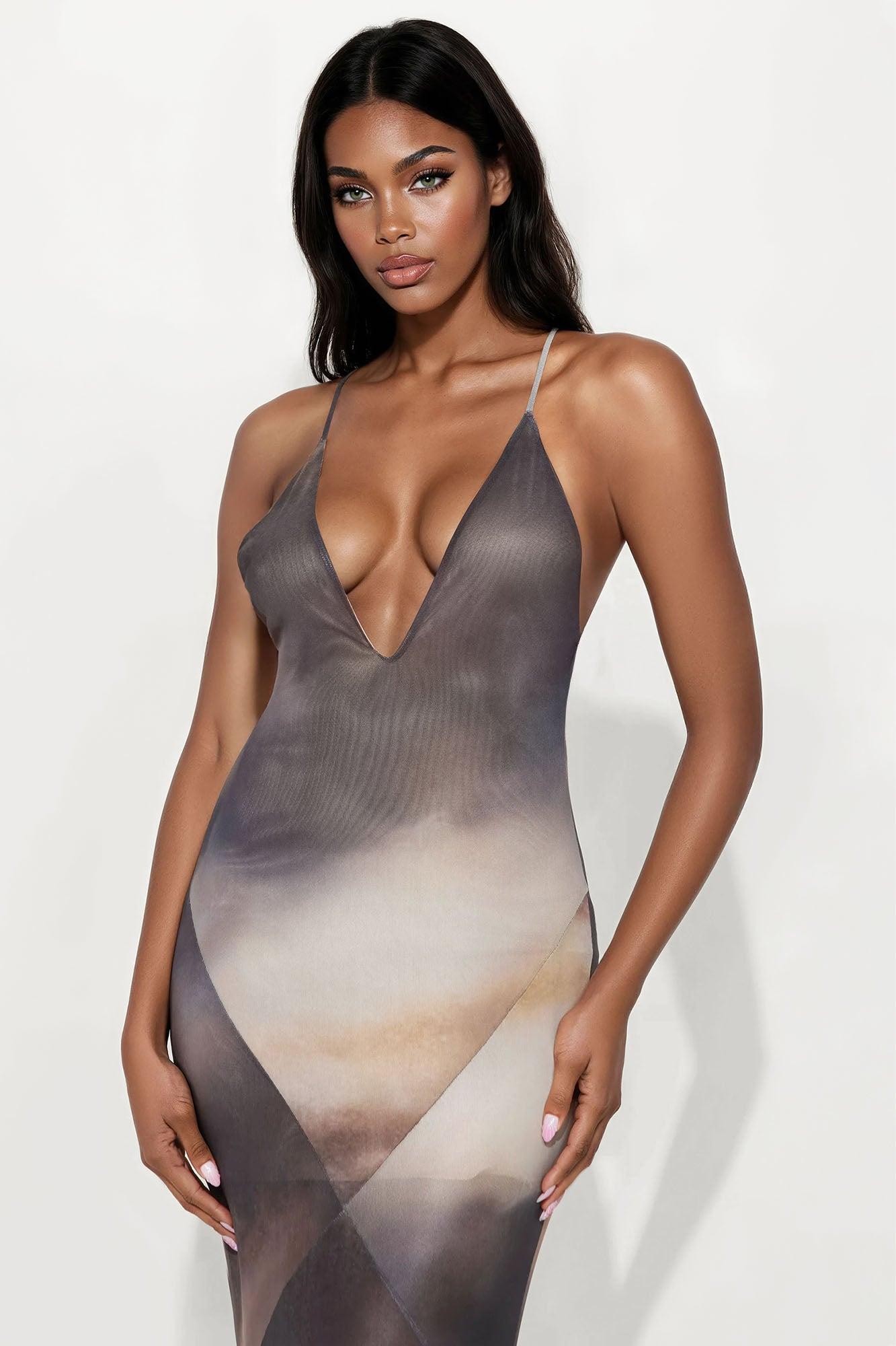 Marissa Mesh Sheer Backless Maxi Dress - Brown/combo Female Product Image