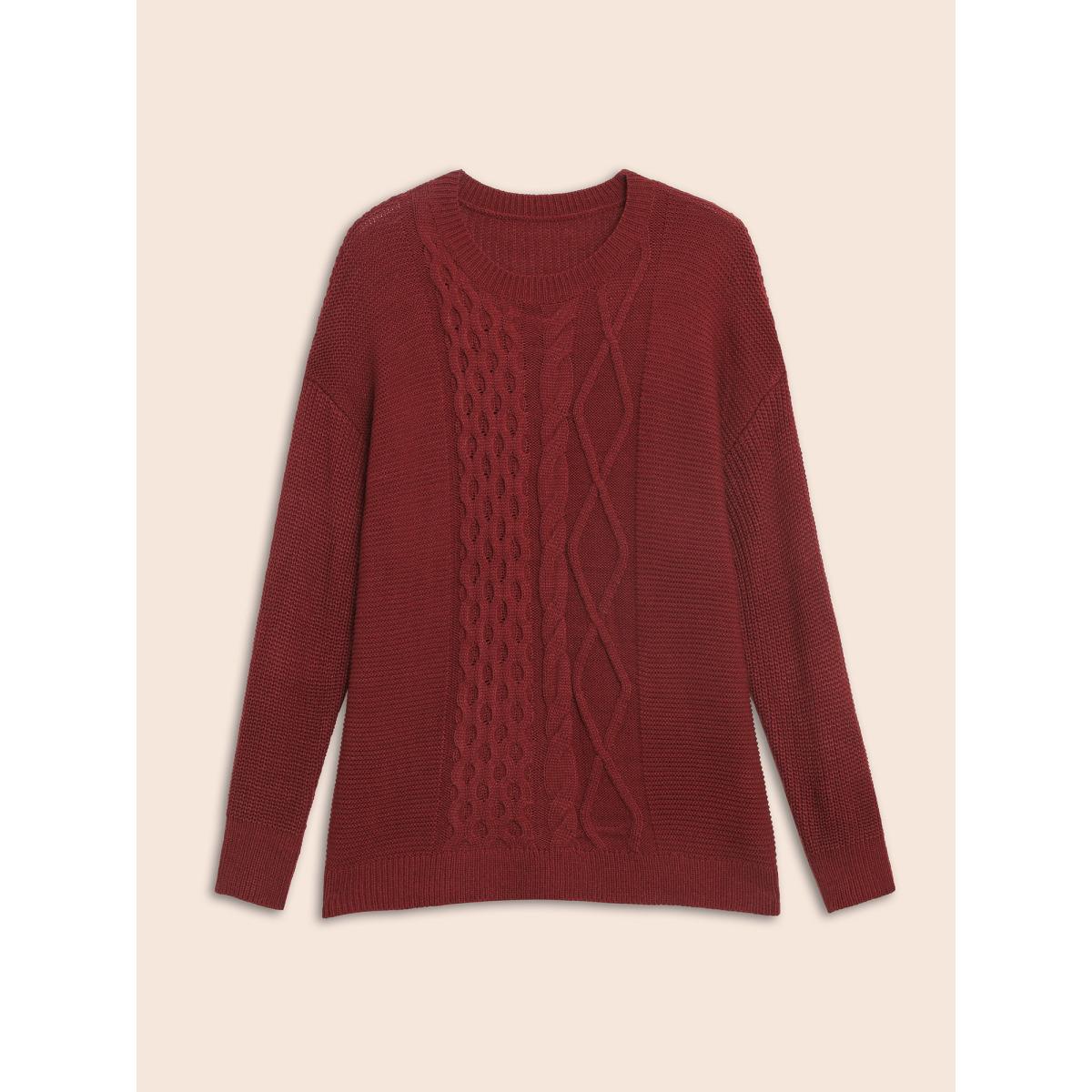Plus Size Texture Cable Knit Drop Shoulder Pullover Burgundy Women Casual Loose Long Sleeve Round Neck Everyday Pullovers BloomChic 26/4X Product Image
