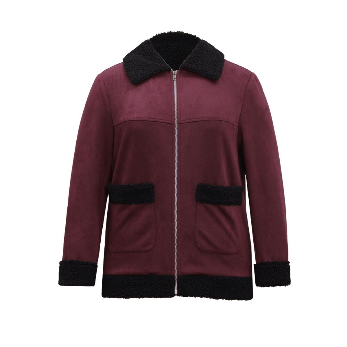 Plus Size Fuzzy Trim Patched Pocket Zipper Jacket Women Burgundy Contrast Pocket Dailywear Jackets BloomChic 30/6X Product Image