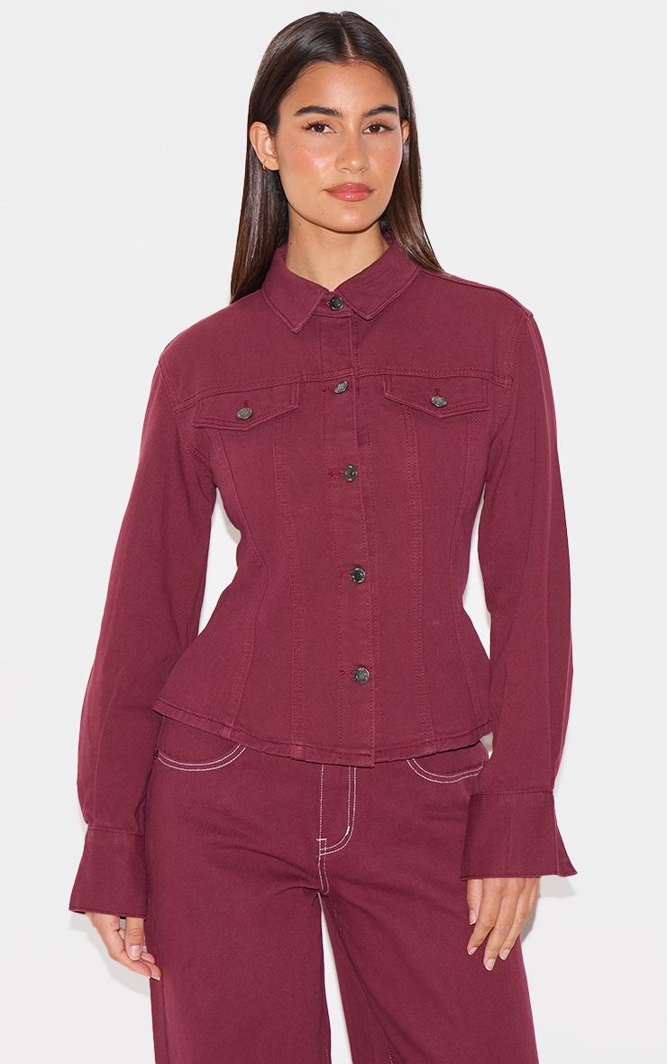 Burgundy Long Sleeve Cinch Waist Denim Jacket Product Image