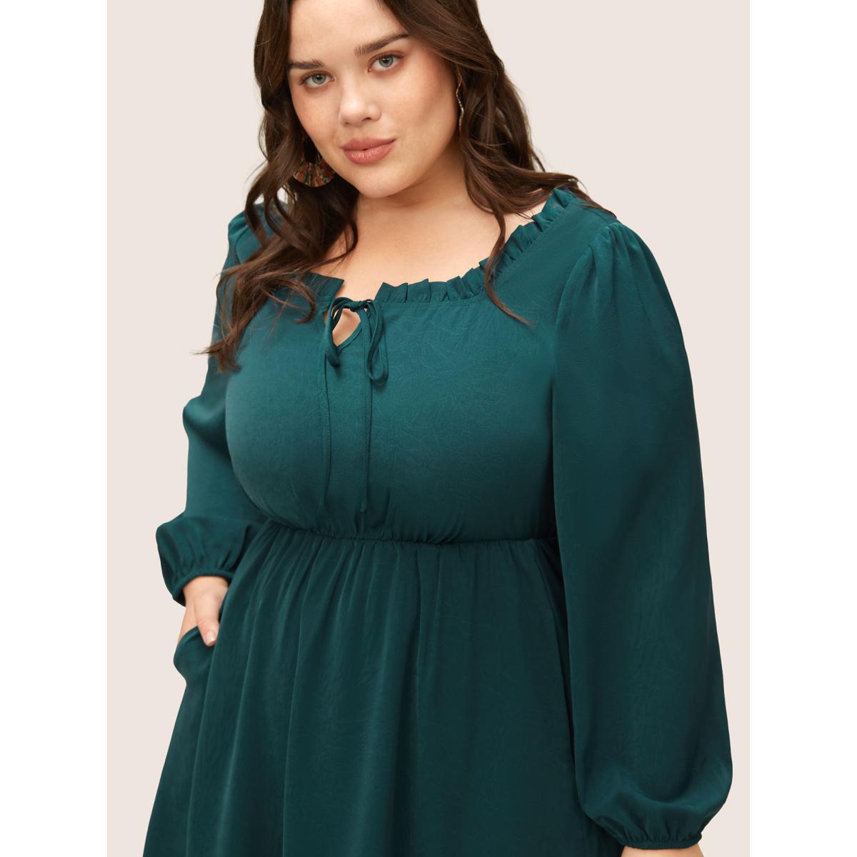 Plus Size Solid Pleated Patchwork Frill Trim Tie Neck Dress Cyan Women Elegant Non V-neck Long Sleeve Curvy Midi Dress BloomChic 26/4X Product Image