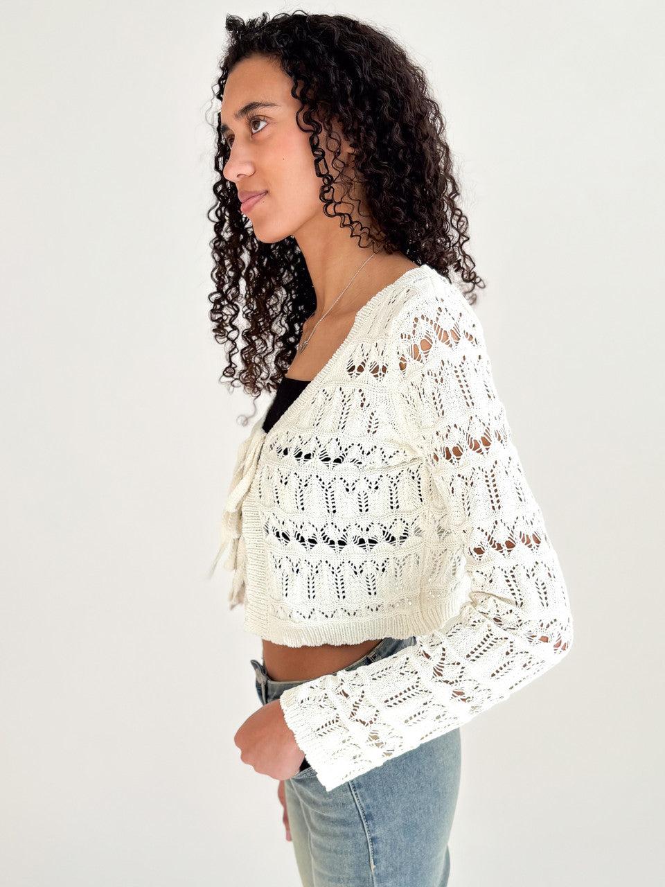 Loose Pointelle Knit Tie Front Cardigan Product Image