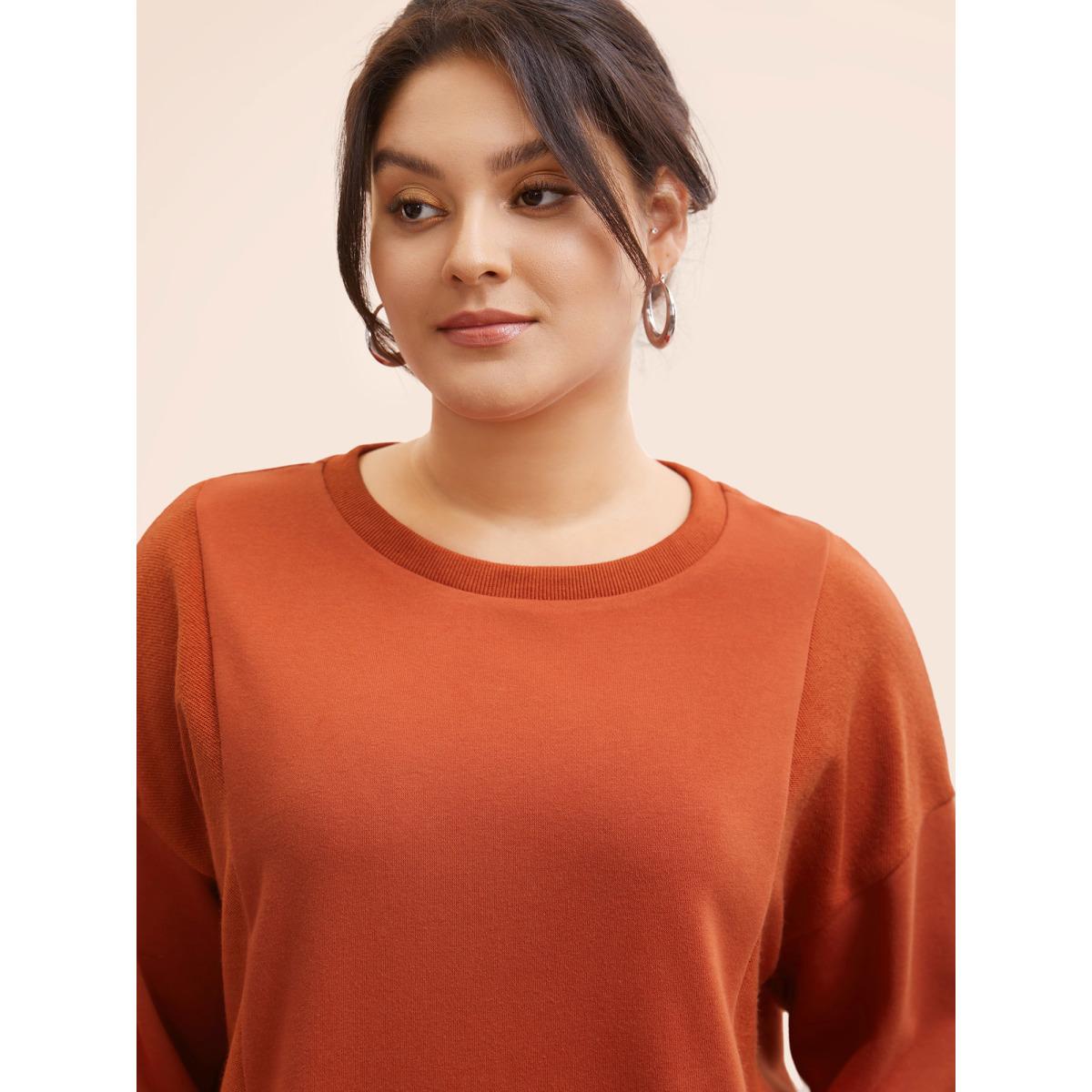 Plus Size Round Neck Patchwork Drop Shoulder Sweatshirt Women Rust Casual Patchwork Round Neck Everyday Sweatshirts BloomChic 22-24/3X Product Image