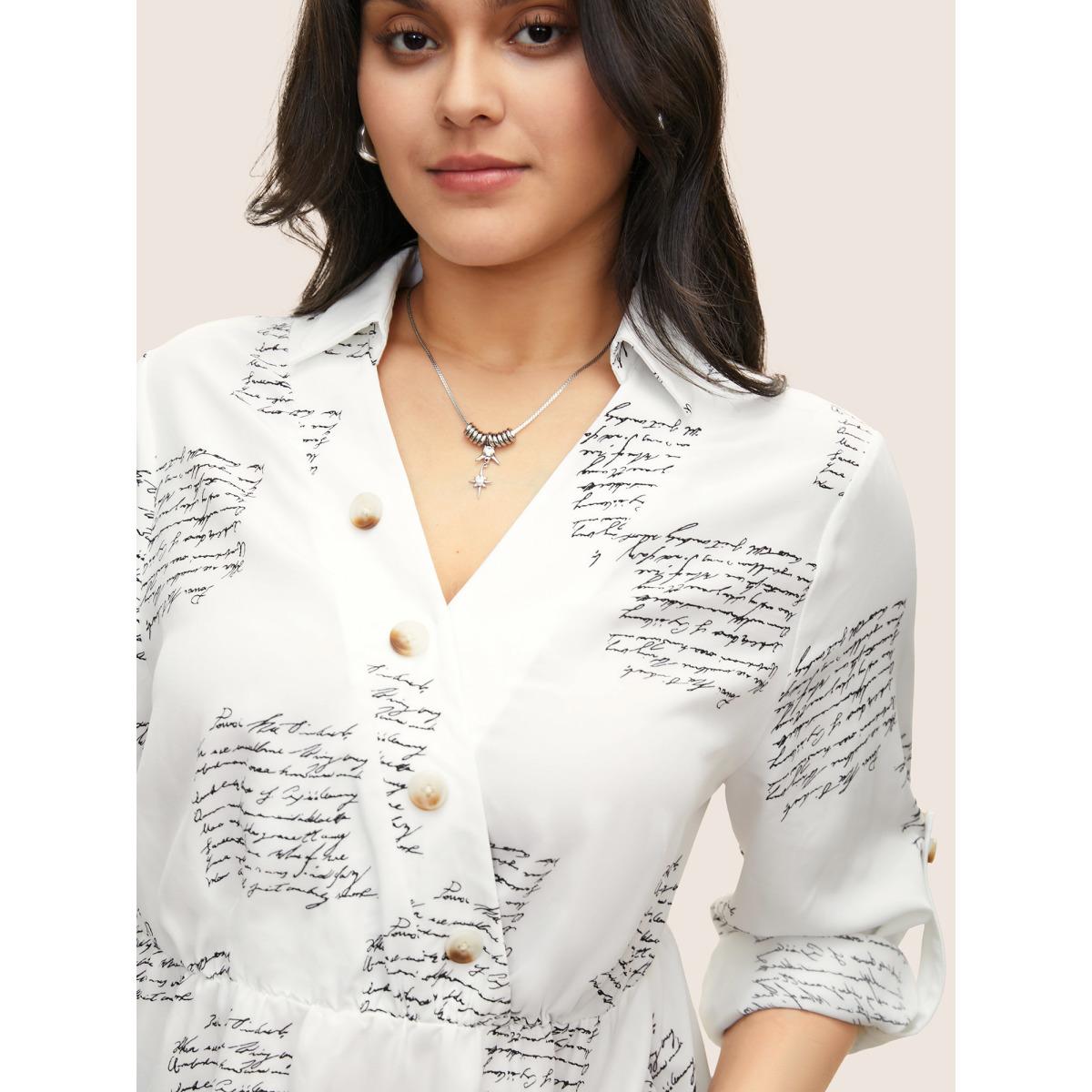 Plus Size White Letter Elastic Waist Button Detail Blouse Women At the Office Long Sleeve V-neck Work Blouses BloomChic 22-24/3X Product Image