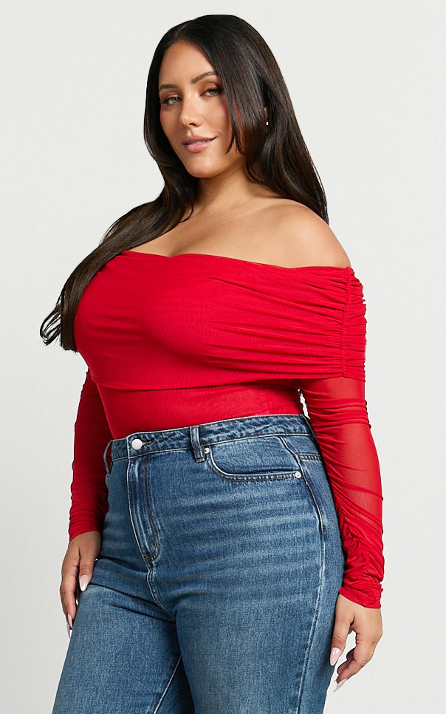 Jaythen Bodysuit - Long Sleeve Off Shoulder Ruched Mesh Bodysuit in Red Product Image