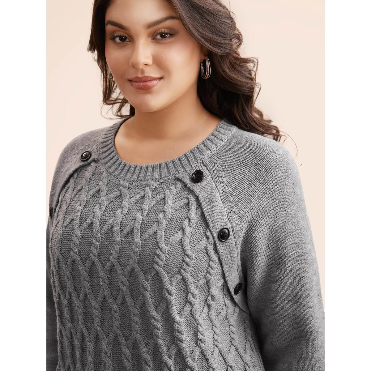 Plus Size Texture Cable Knit Button Detail Pullover Mediumgray Women Casual Loose Long Sleeve Round Neck Everyday Pullovers BloomChic 18-20/2X Product Image