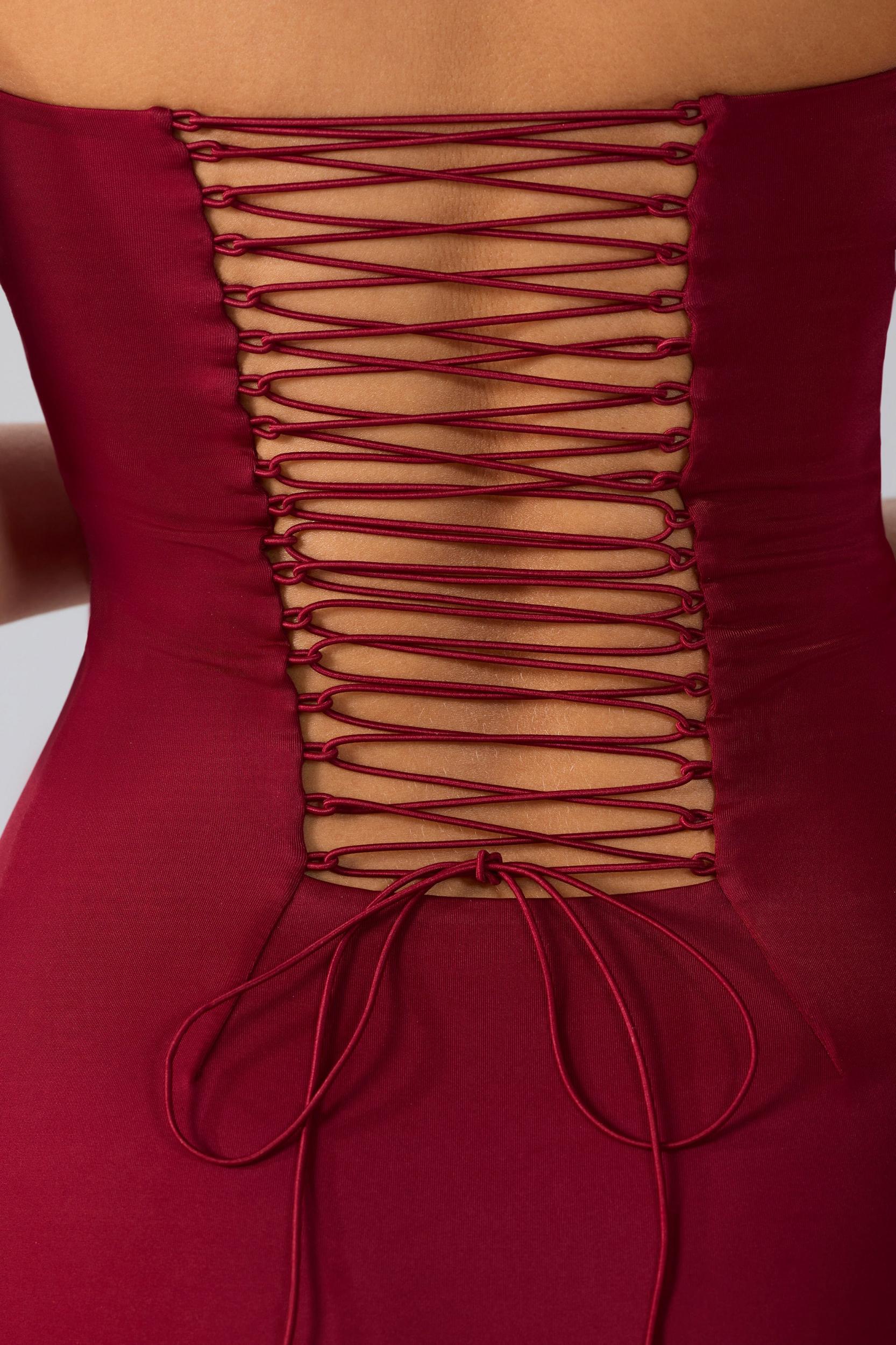 Premium Jersey Lace Up Back Mini Dress with Train in Ruby Product Image