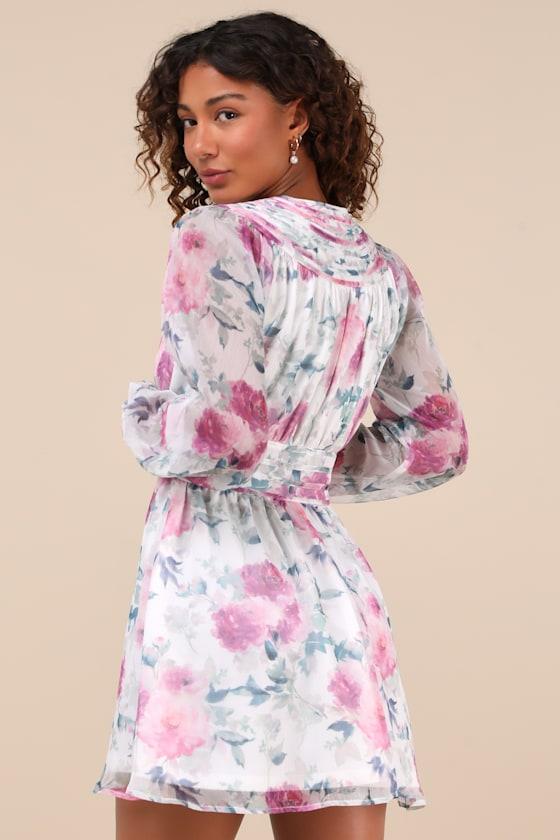 Gleaming Garden White Floral Print Long Sleeve Mini Dress Product Image