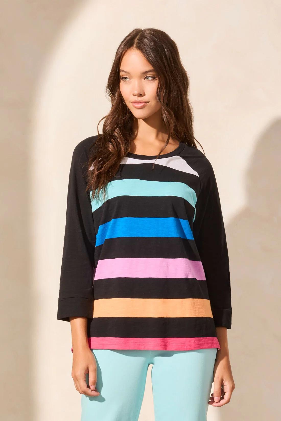 Striped Cotton Slub Raglan Sleeve Crew Neck Top Product Image