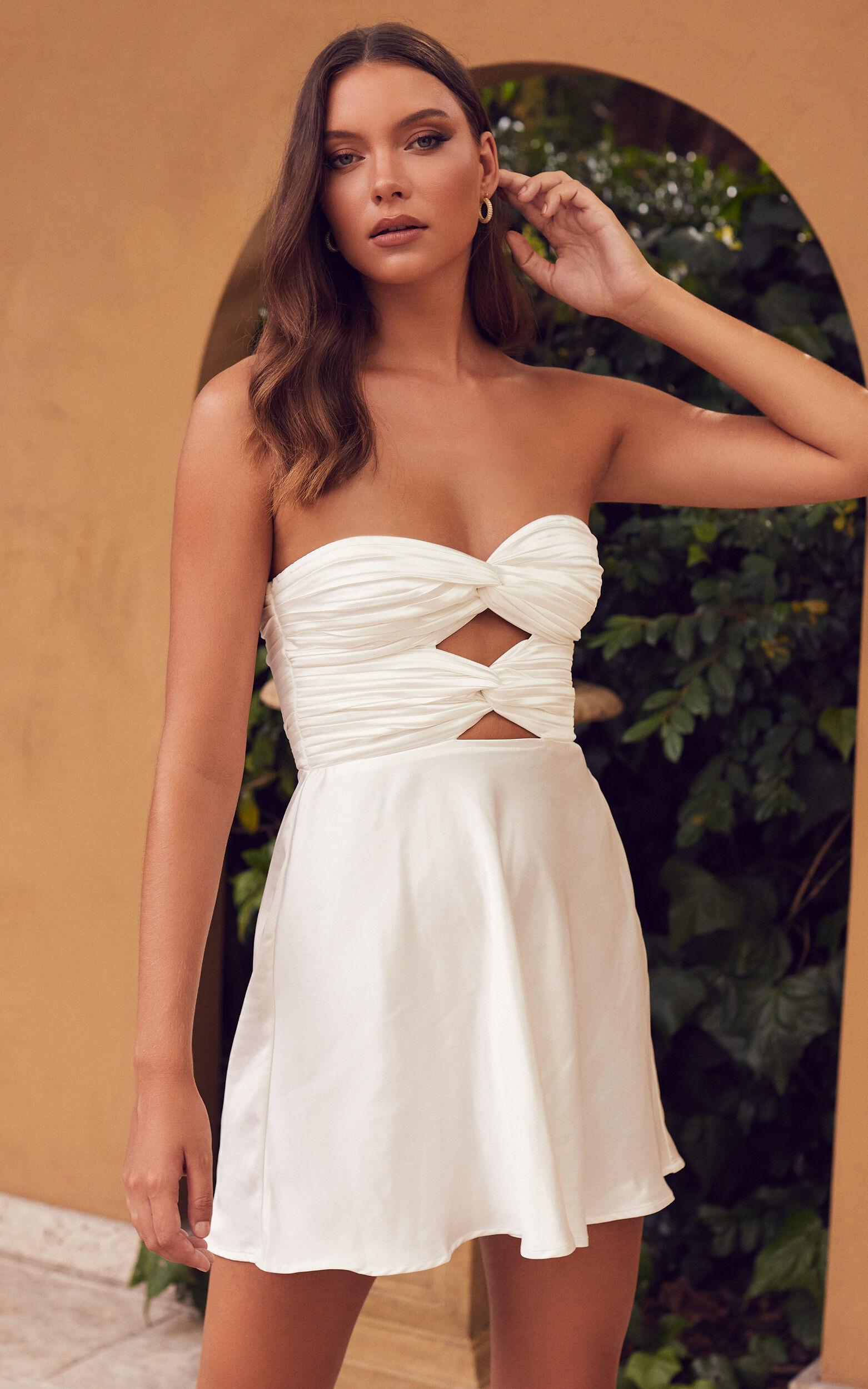 Almaeh Mini Dress - Twist Front Cut Out Strapless Slip Dress in White Product Image