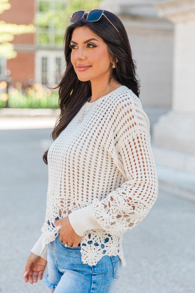 A Little Dramatic Crew Flower Trim Crochet Sweater FINAL SALE Product Image