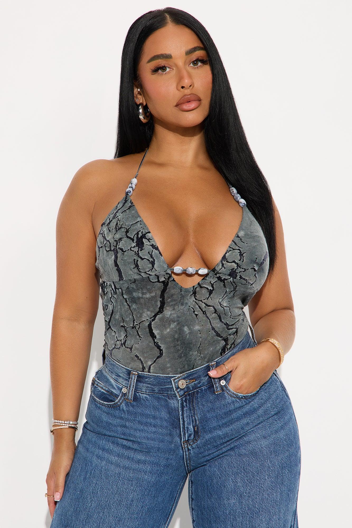 Enchanted Whisper Flocked Halter Bodysuit - Charcoal Female Product Image