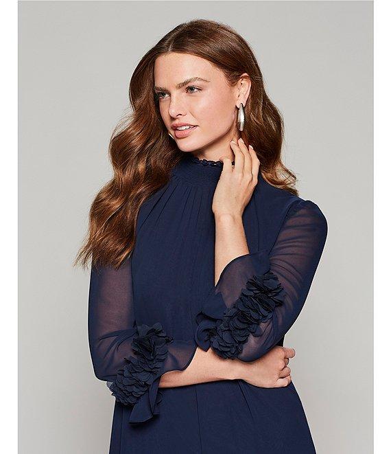 Alex Marie Amelia Smocked Turtleneck Floral Petal Detail Illusion Ruffle Trim 3/4 Sleeve Chiffon Dress Product Image