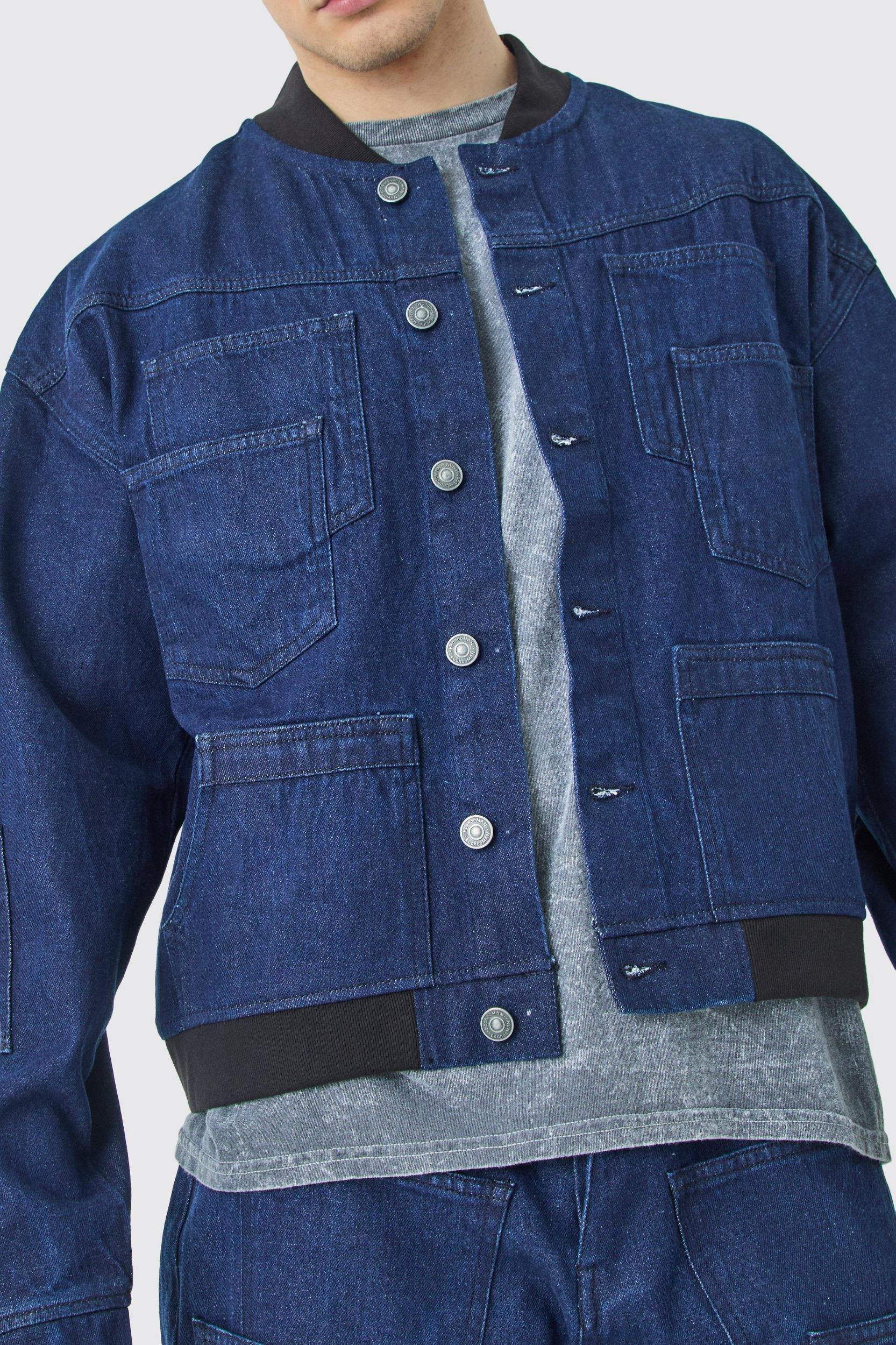 Tall Multi Pocket Denim Bomber Jacket | boohooMAN USA Product Image
