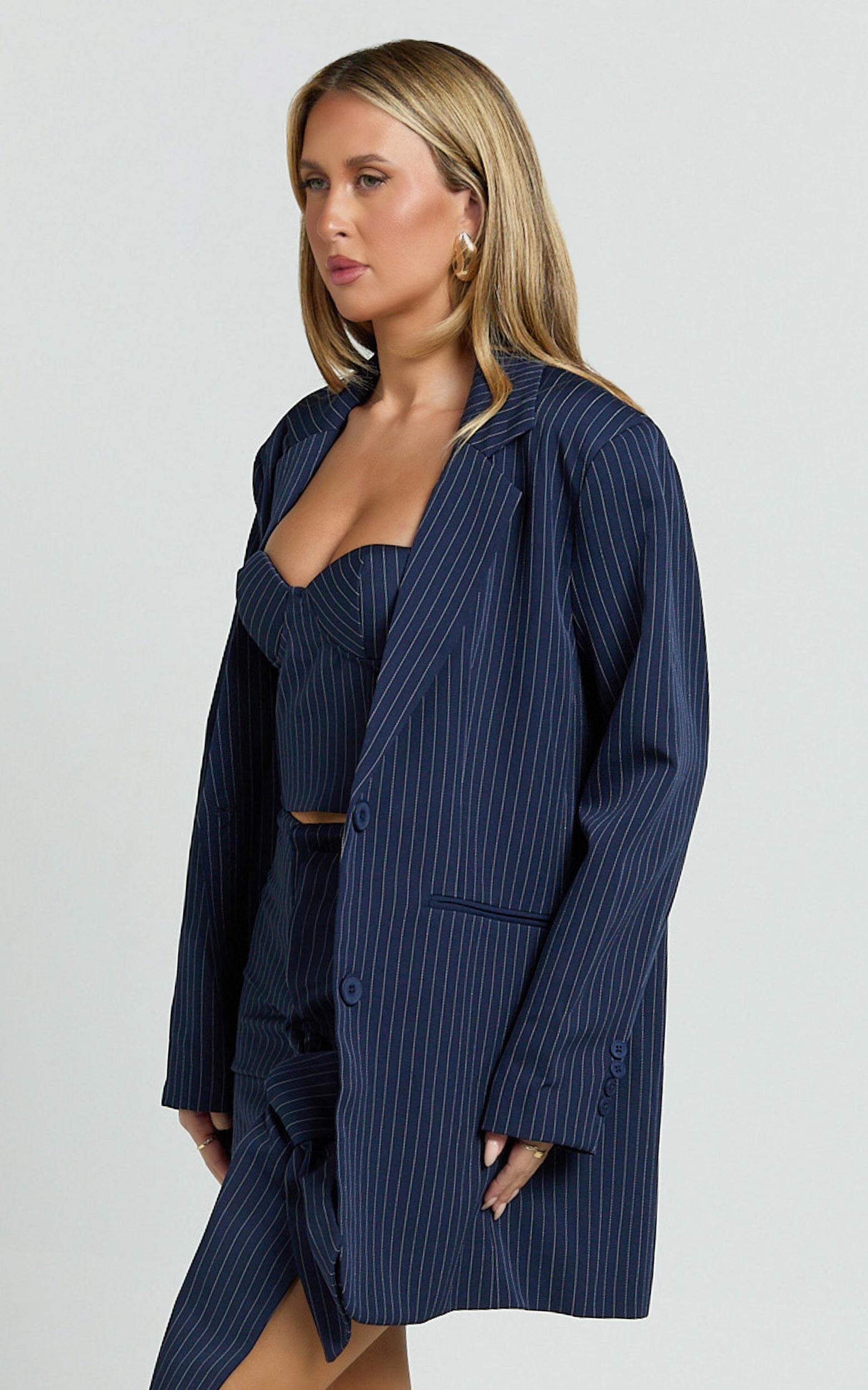Elliot Jacket - Pinstripe Single Breasted Relaxed Shoulder Blazer in Navy Product Image