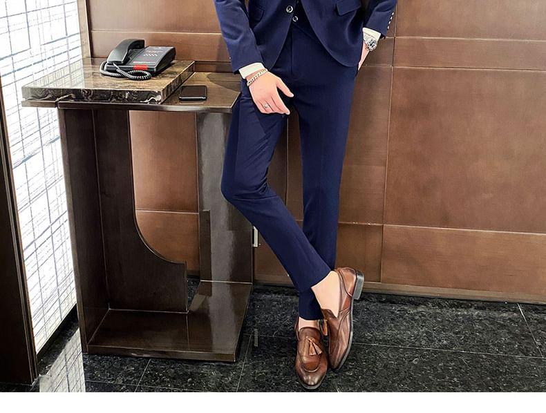 Set: Notch Lapel Single-Breasted Plain Blazer + Mid Rise Cropped Straight Leg Dress Pants + V-Neck Vest Product Image