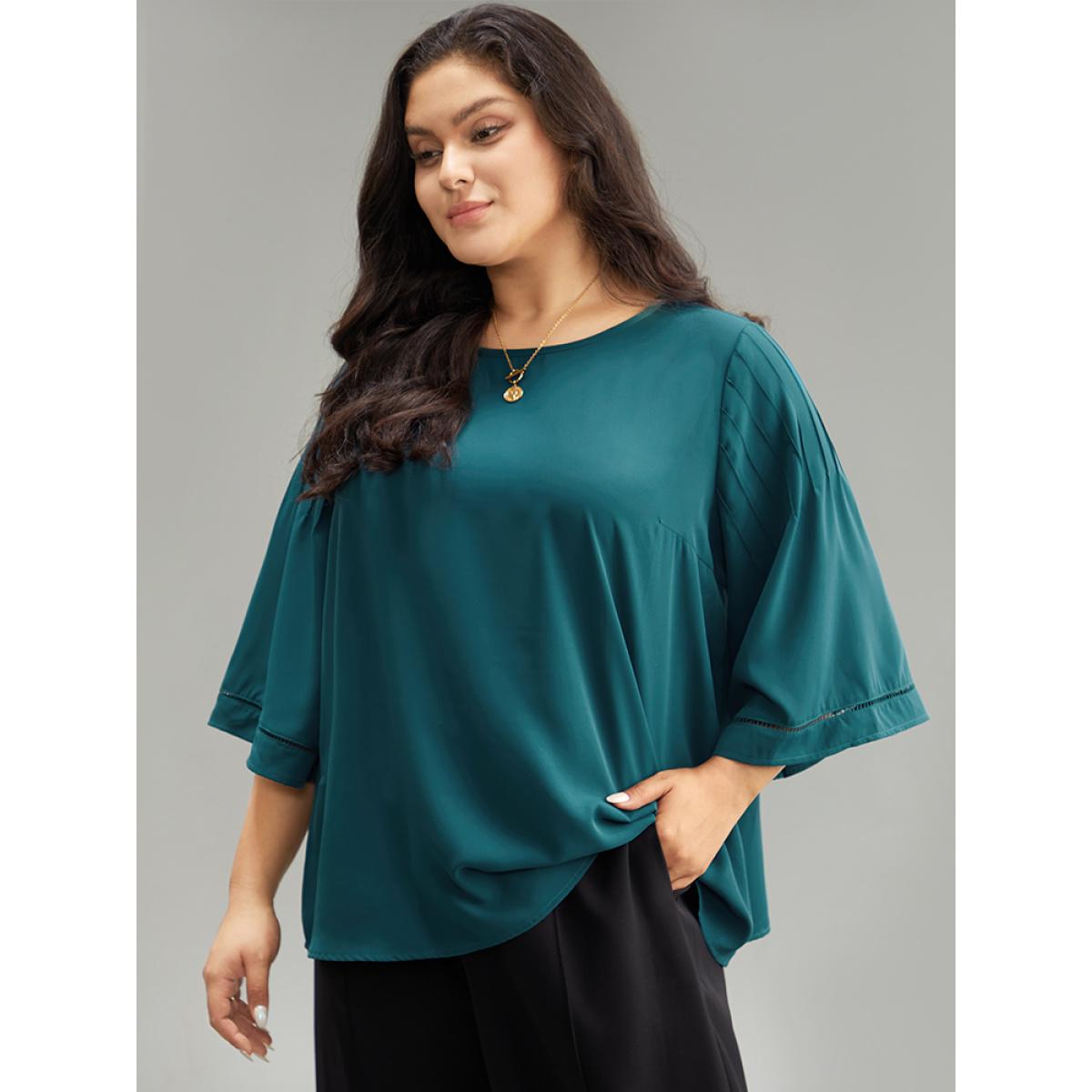 Plus Size Cyan Anti-Wrinkle Pleated Detail Flounce Sleeve Blouse Women Office Half Sleeve Round Neck Work Blouses BloomChic 28/5X Product Image