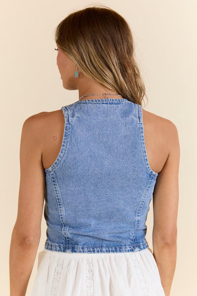 Beneath The Moon Medium Wash Denim Vest Product Image