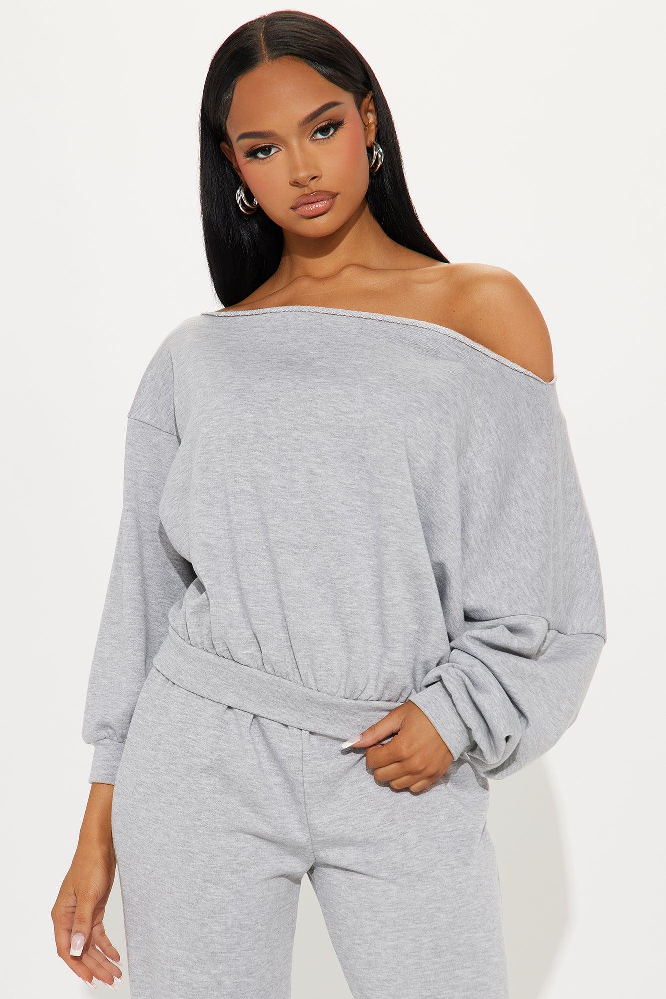 Robyn Off Shoulder Pant Set - Heather Grey Product Image