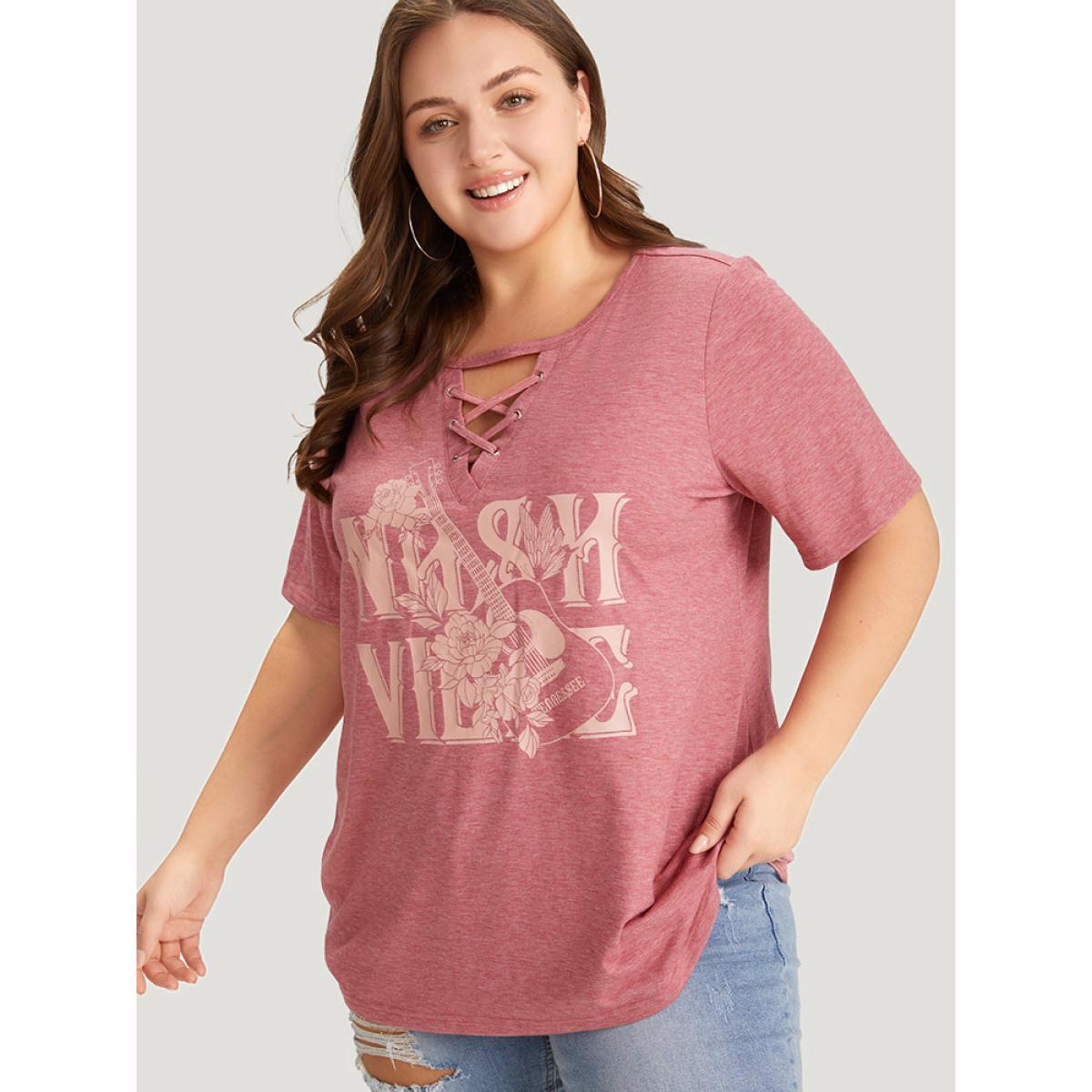 Plus Size Guitar & Letter Print Heather Crisscross Neck Graphic T-shirt Russet Women Casual Art&design Dailywear T-shirts BloomChic 12/L Product Image