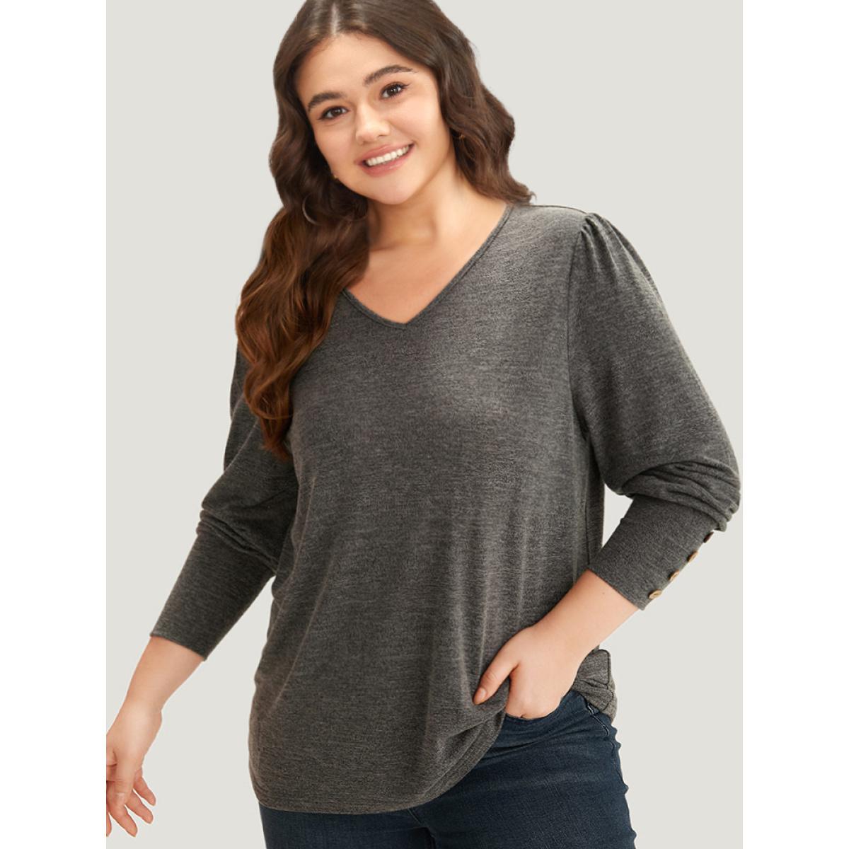 Plus Size Plain Heather Elastic Cuffs Button Detail T-shirt Gray Women Casual Elastic cuffs Plain V-neck Dailywear T-shirts BloomChic 12/L Product Image
