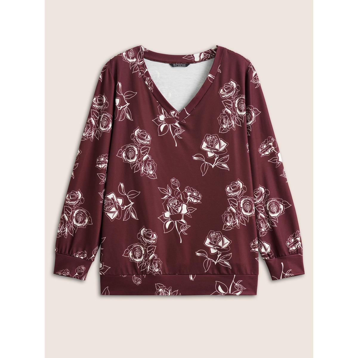 Plus Size Silhouette Floral Rose Print V Neck Sweatshirt Women Burgundy Casual Non V-neck Everyday Sweatshirts BloomChic 14-16/1X Product Image
