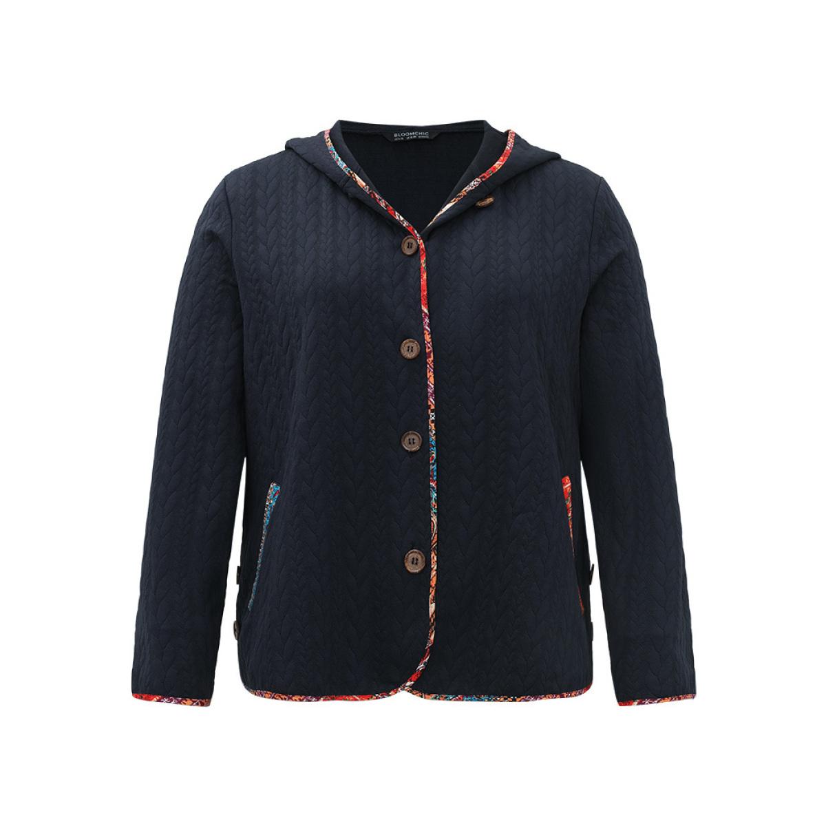 Plus Size Texture Pocket Patchwork Button Detail Jacket Women DarkBlue Texture Pocket Everyday Jackets BloomChic 14-16/1X Product Image
