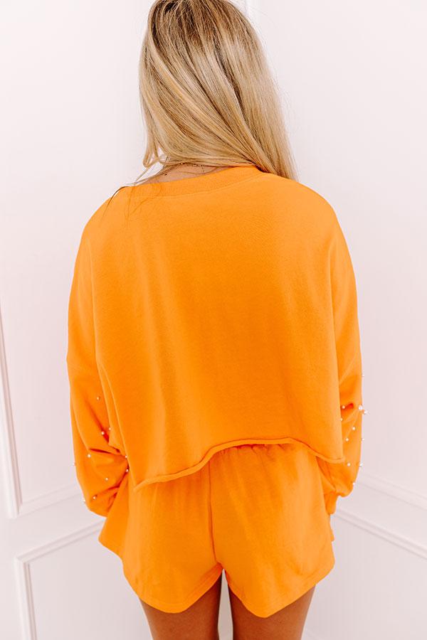 Sideline Chic Pearl Embellished Crop Sweatshirt in Orange Product Image