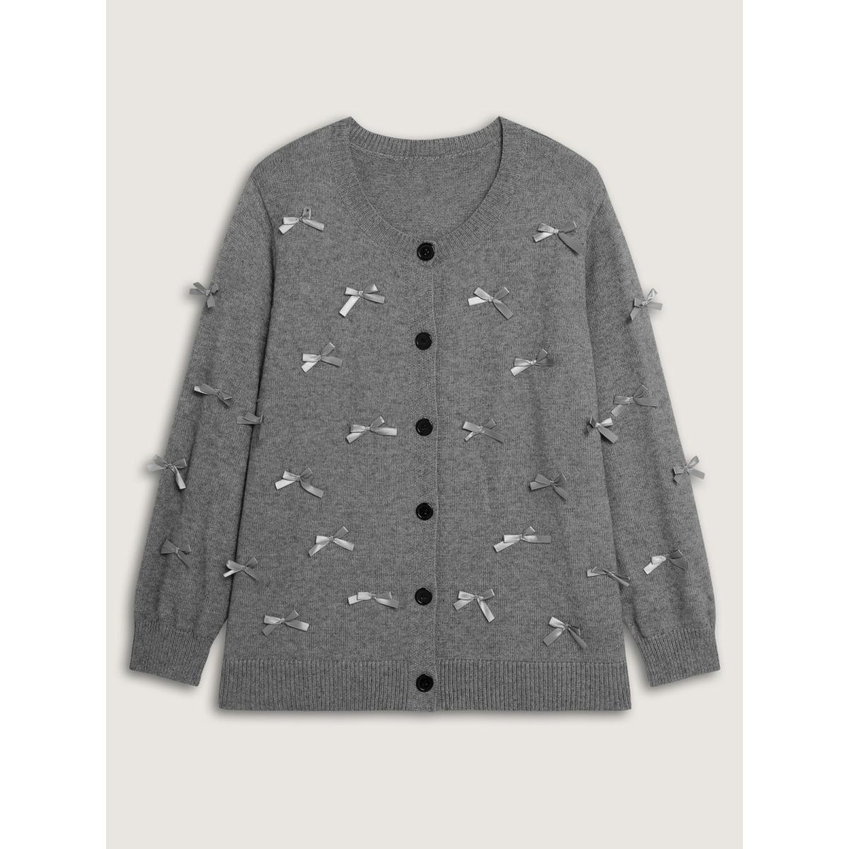 Plus Size 3D Bowknot Round Neck Knit Cardigan DarkGray Women Playful Loose Long Sleeve Casual Cardigans BloomChic 30/6X Product Image