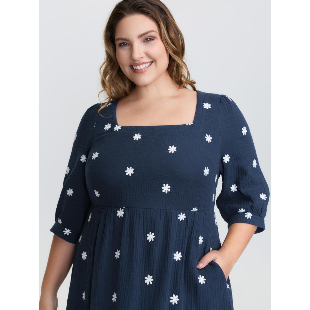 Plus Size Pure Cotton Embroidered Square Neck Midi Dress Navy Women Leisure Embroidered Square Neck Elbow-length sleeve Curvy BloomChic 30/6X Product Image