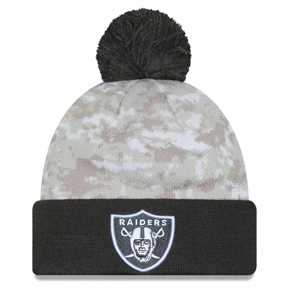 Men's New Era  White/Graphite Las Vegas Raiders 2024 Salute To Service Digital Camo Cuffed Knit Hat with Pom, Lvr White Product Image