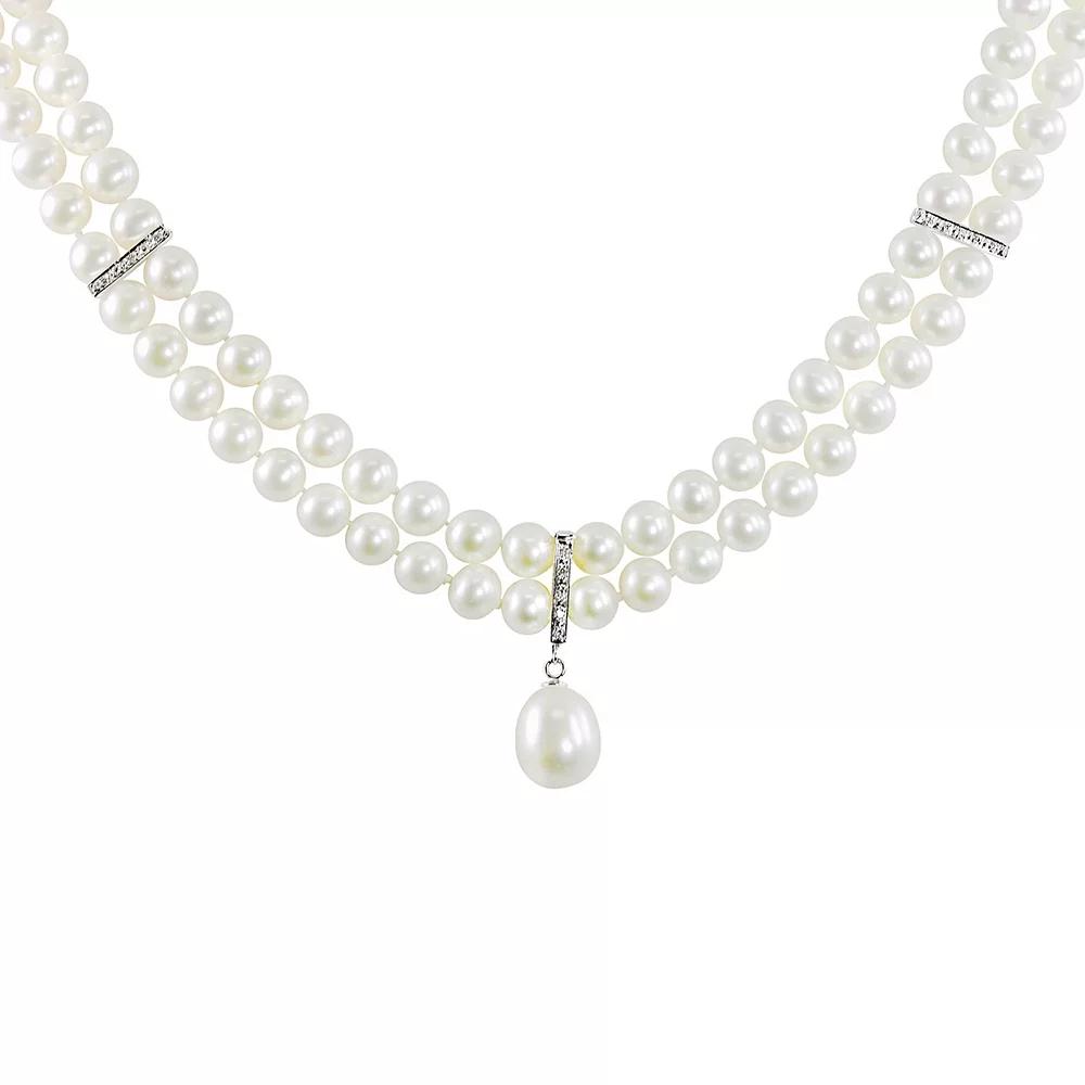14k White Gold Freshwater Cultured Pearl and Diamond Accent Necklace, Womens 14k Whgold Product Image