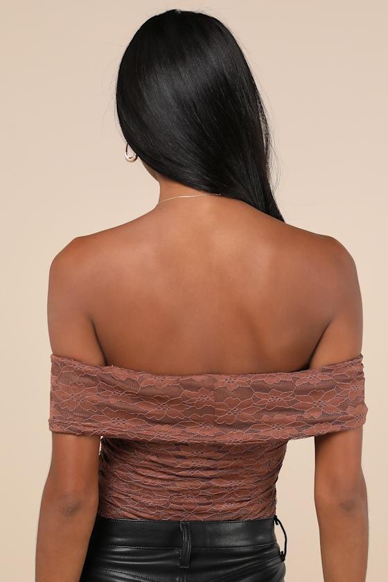 Sultry Whimsy Brown Lace Off-the-Shoulder Bodysuit Product Image