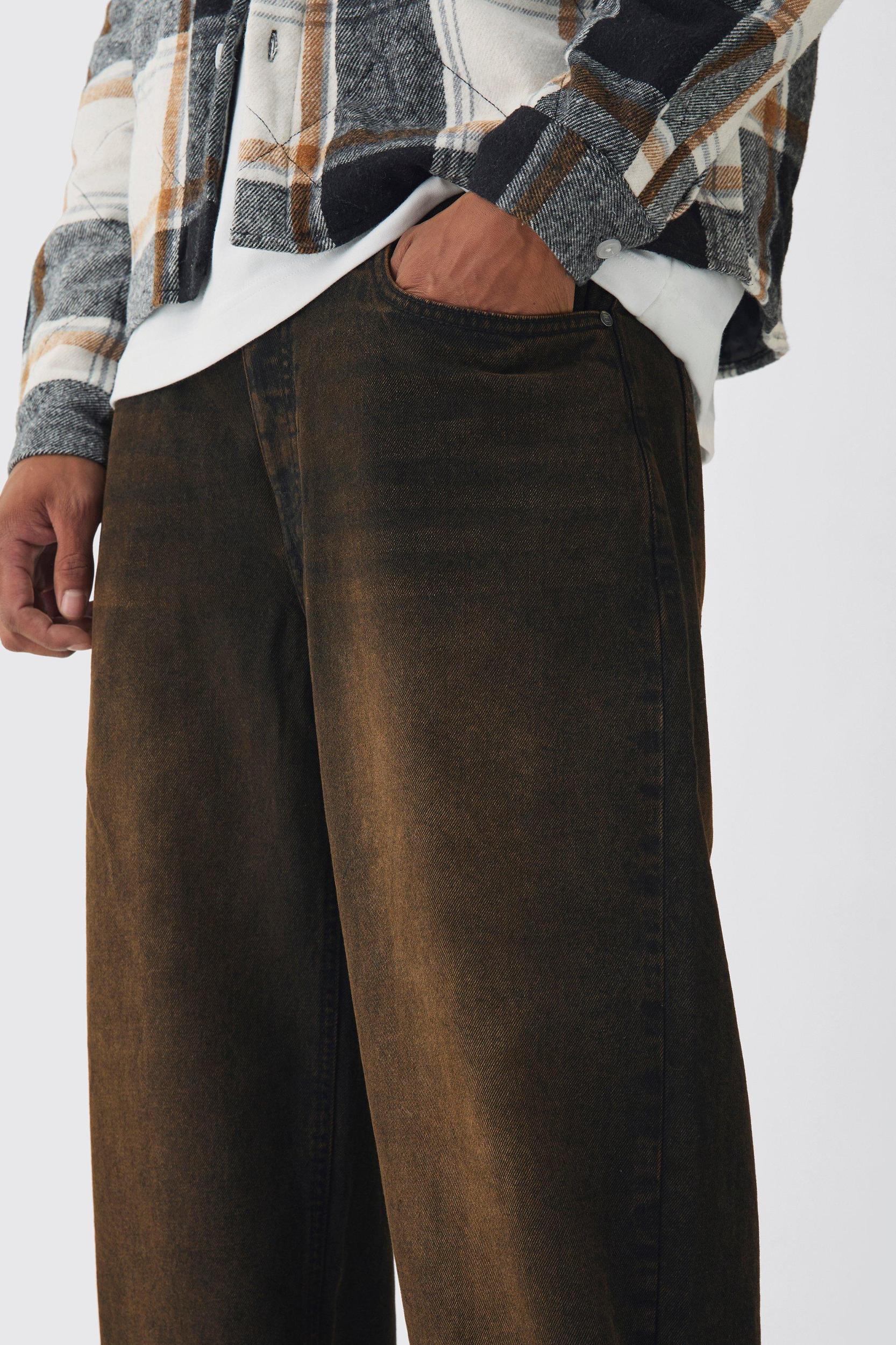 Relaxed Rigid Brown Washed Jeans | boohooMAN USA Product Image