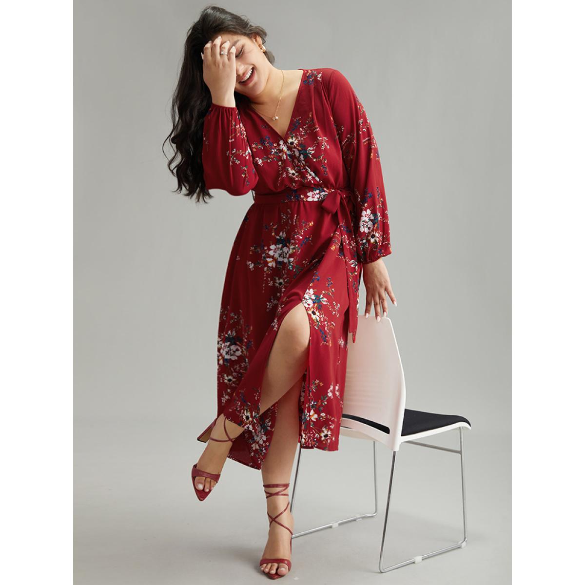Plus Size Floral Print Belted Split Surplice Neck Dress Scarlet Women Elegant Elastic cuffs Overlap Collar Long Sleeve Curvy Midi Dress BloomChic 12/L Product Image