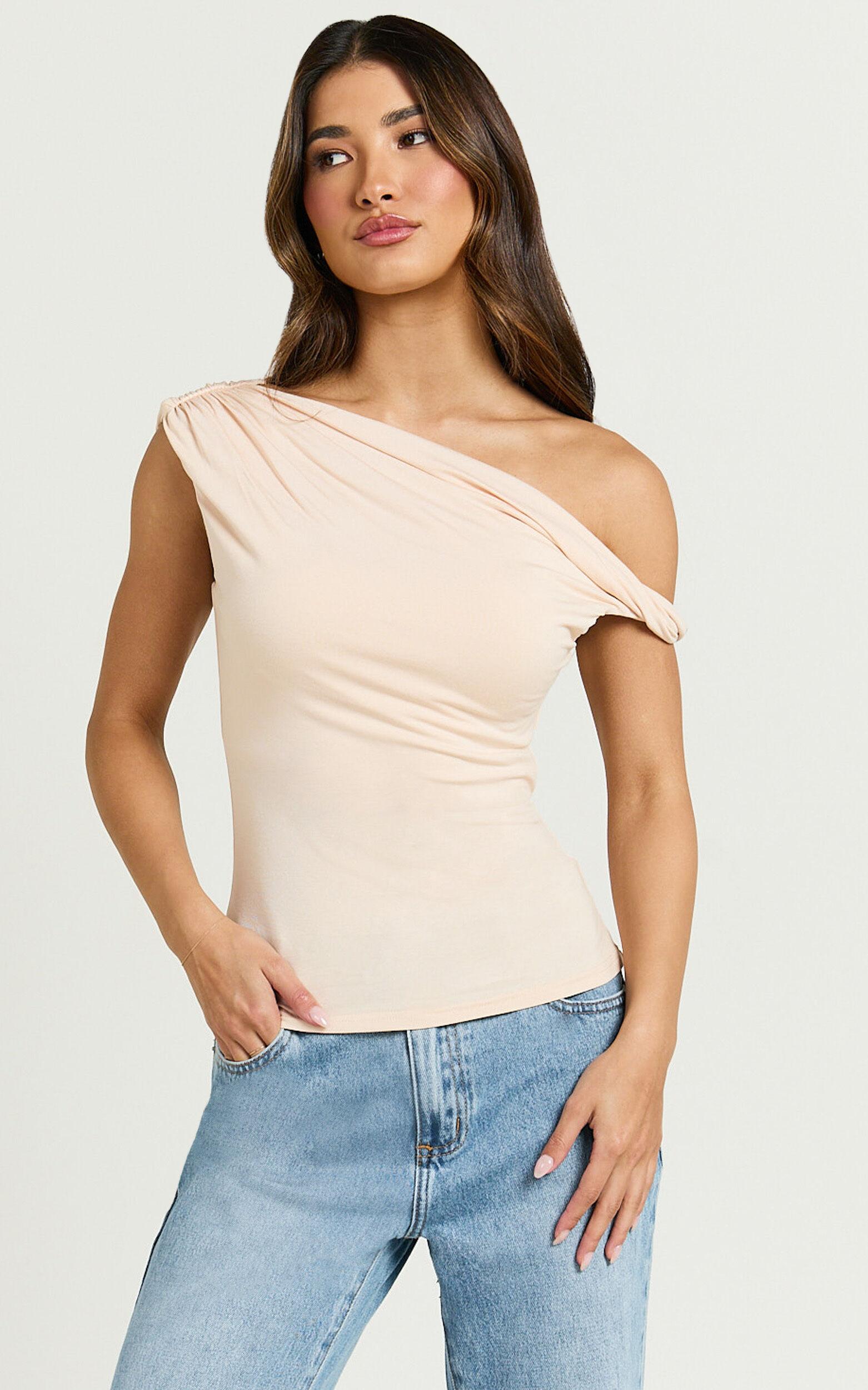 Jialeen Top - Off Shoulder Twist Asymmetrical Sleeve Top in Sand Product Image