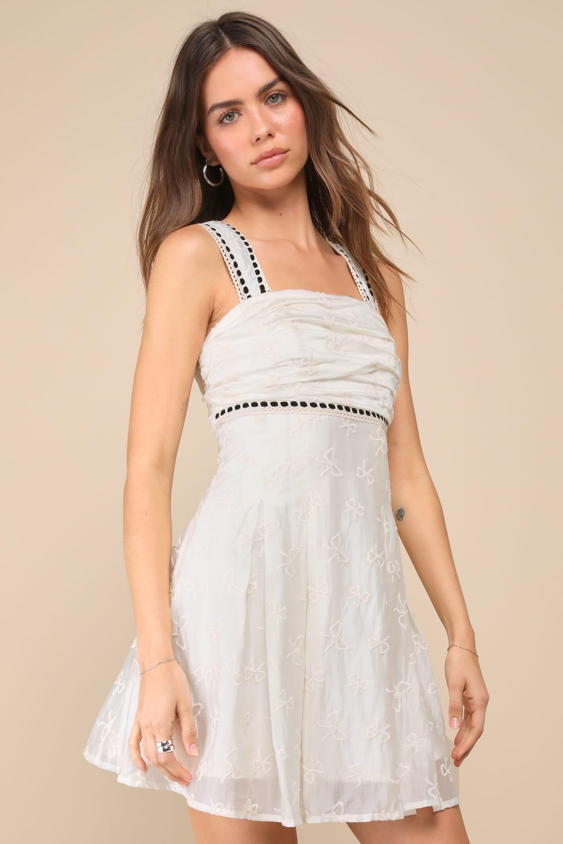 Lovely Affection Ivory Bow Embroidered Crochet Trim Mini Dress Product Image