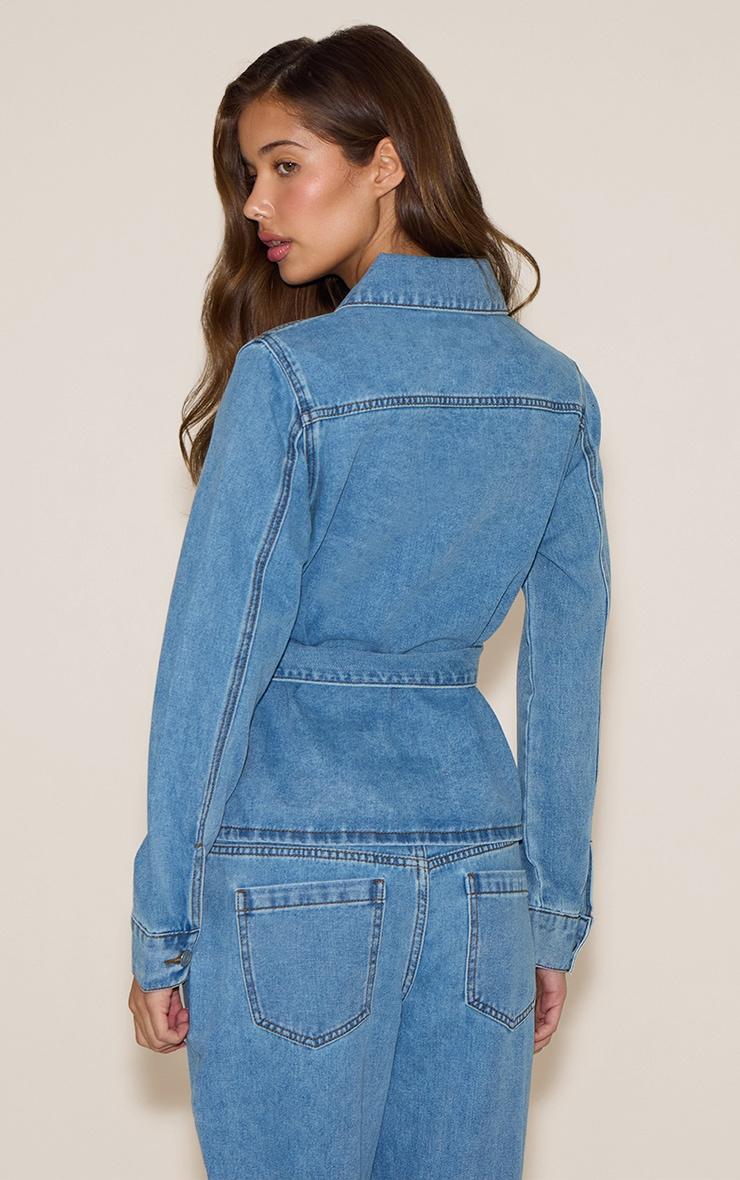 Light Blue Cinched Waist Belted Denim Jacket Product Image