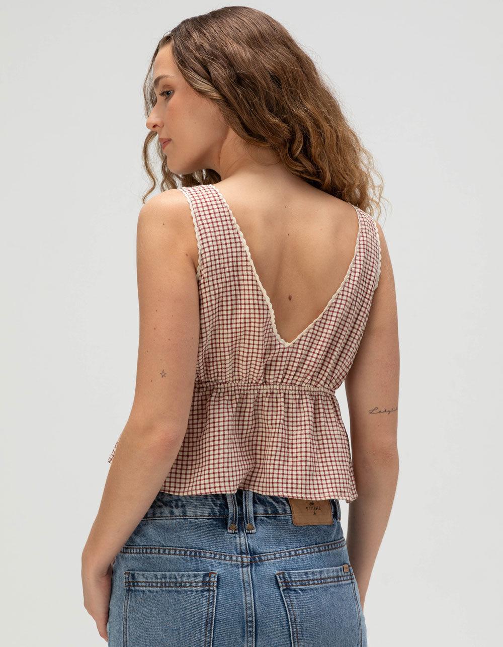 RSQ Womens Crochet Trim Plaid Tie Front Top - RED Product Image