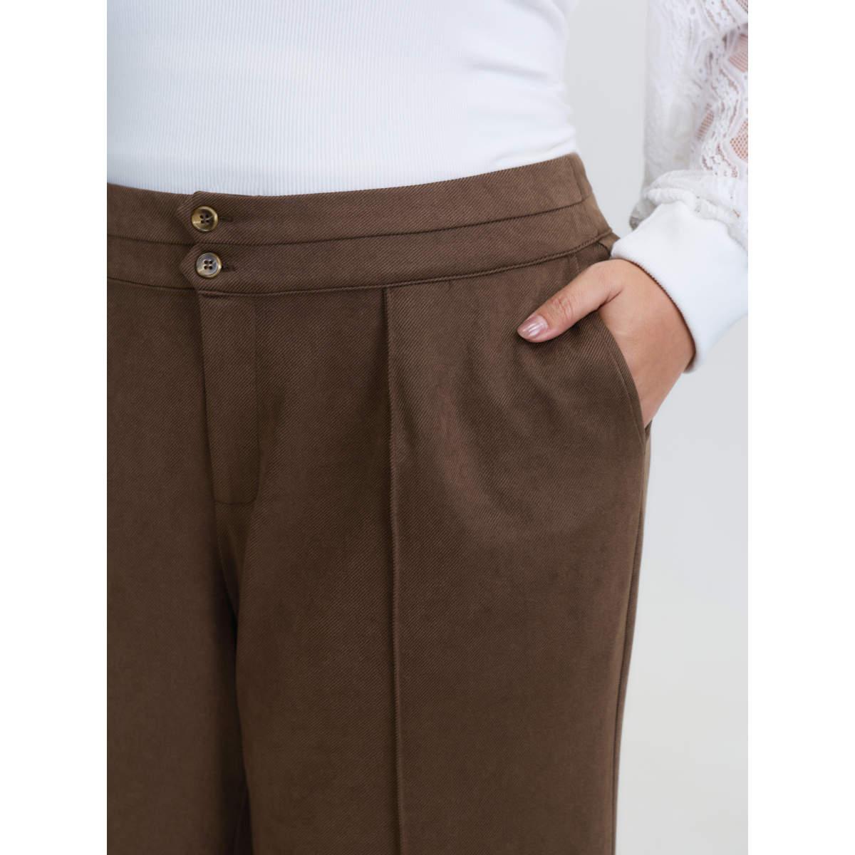 Plus Size Pleated Double Button Flared Hem Pants Women DarkBrown Timeless Bodycon Mid Rise Elegant Pants BloomChic 28/5X Product Image