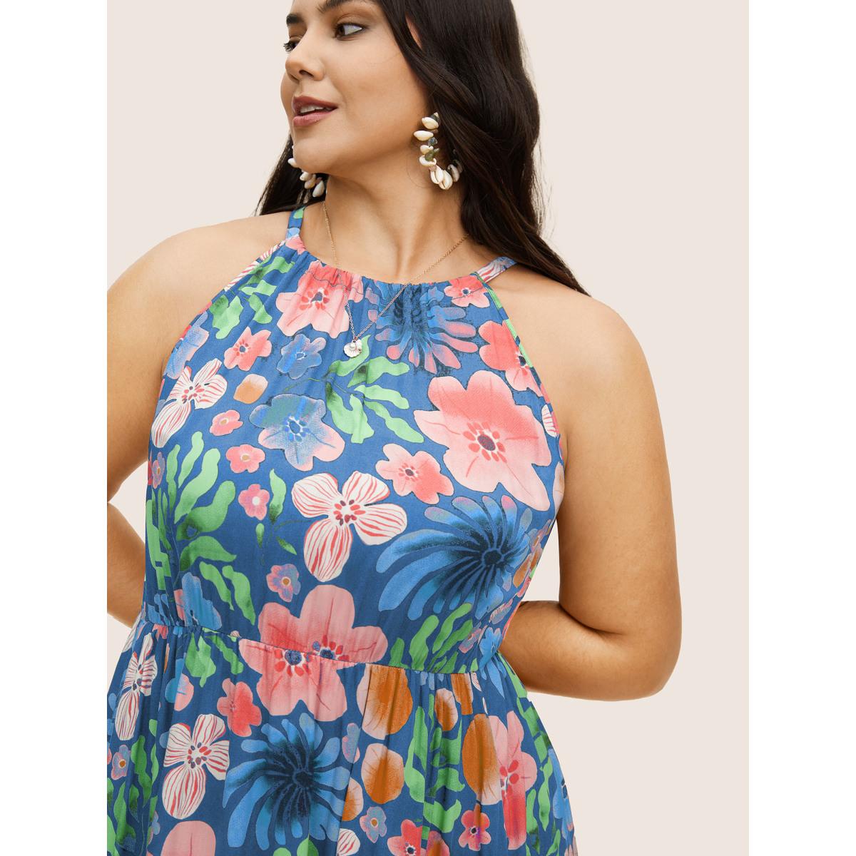 Plus Size Floral Printed Patchwork Side Seam Pocket Dress Skyblue Women Resort Gathered Non Sleeveless Curvy BloomChic 28/5X Product Image