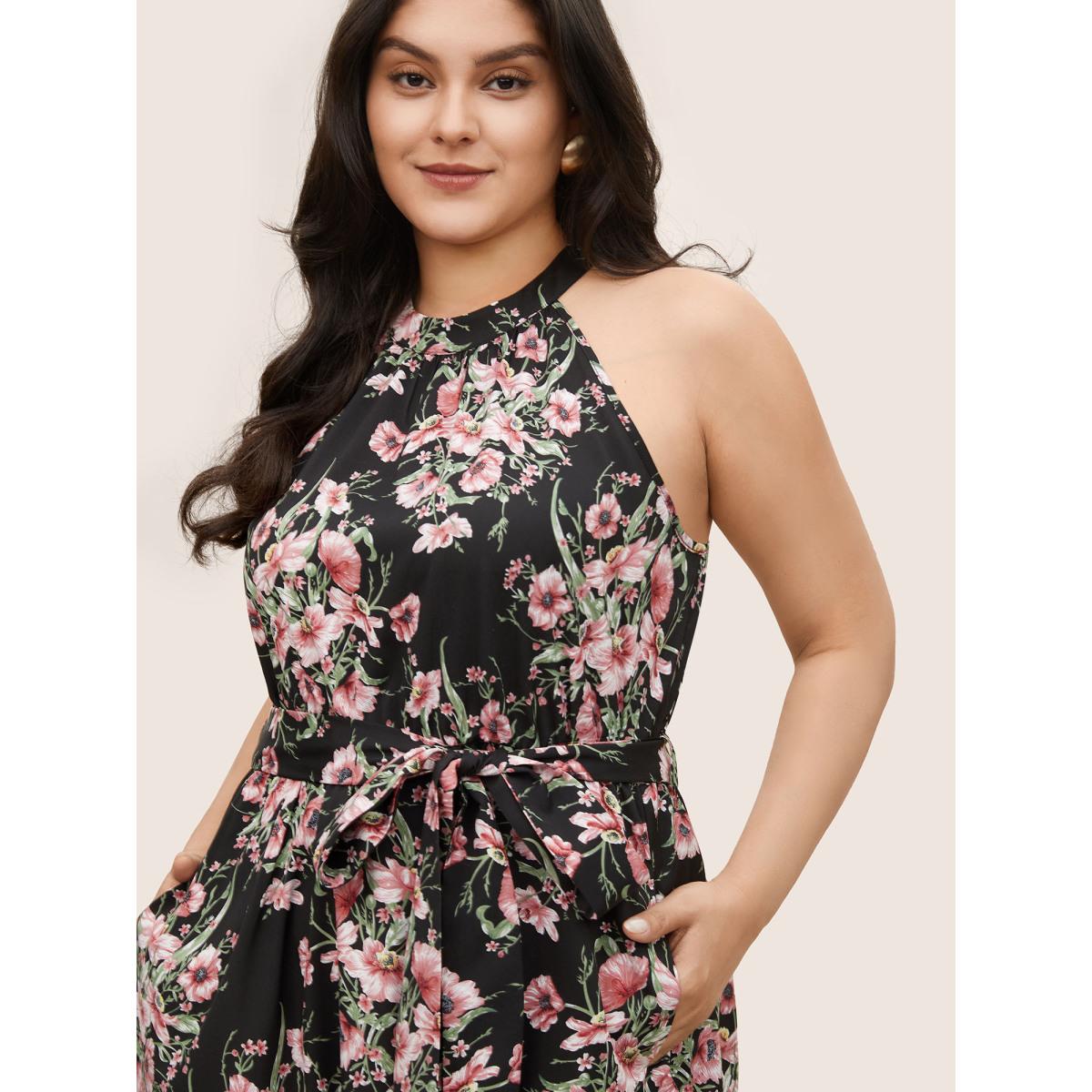 Plus Size Floral Print Halter Elastic Waist Belted Dress Black Women Elegant Non Halter neck Sleeveless Curvy Midi Dress BloomChic 18-20/2X Product Image