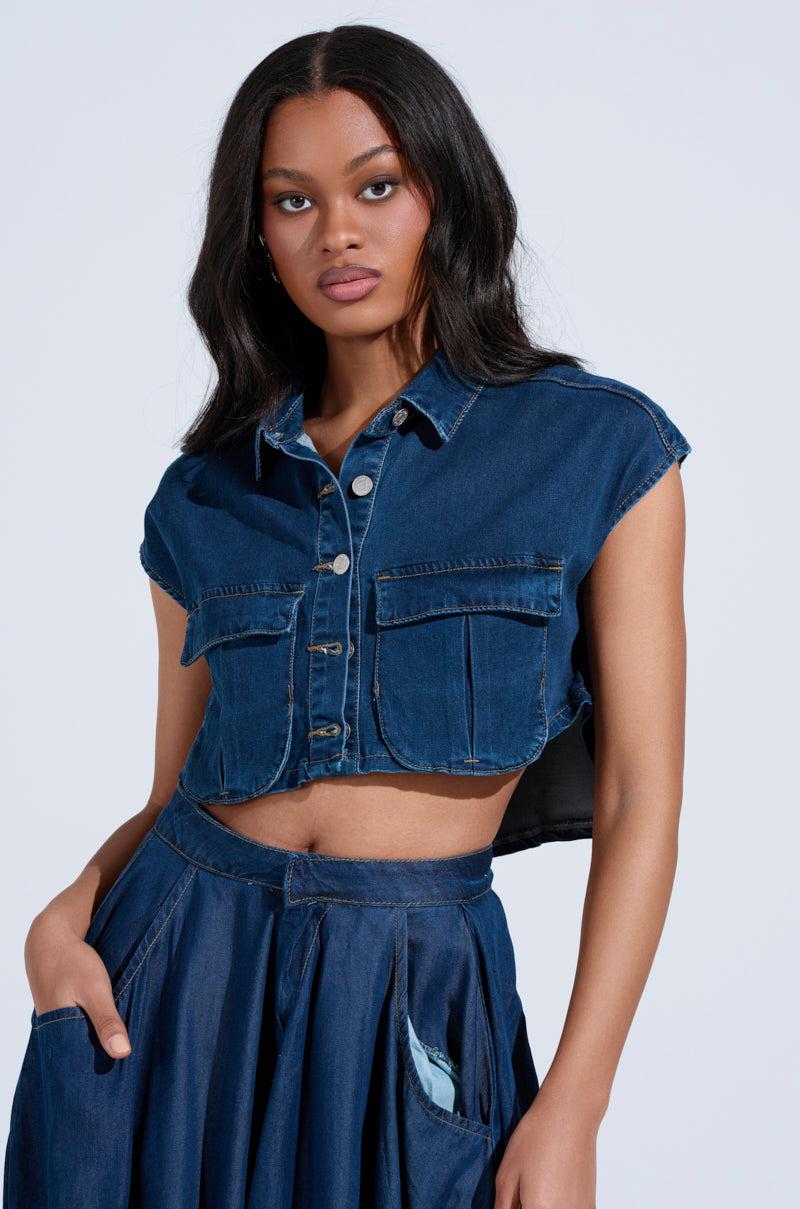 CARRIE BUTTON DOWN DENIM VEST TOP Product Image