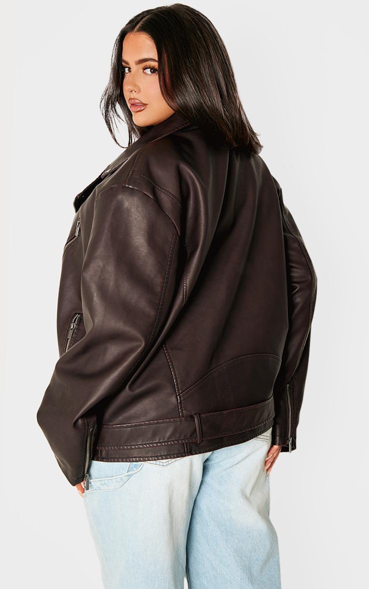 Plus Chocolate Distressed Look Faux Leather Longline Biker Jacket Product Image