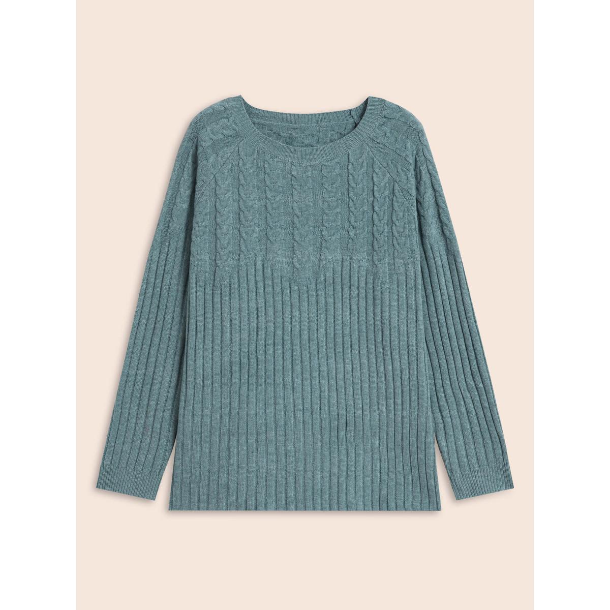 Plus Size Solid Cable Knit Raglan Sleeve Pullover SlateGray Women Casual Long Sleeve Round Neck Everyday Pullovers BloomChic 14-16/1X Product Image