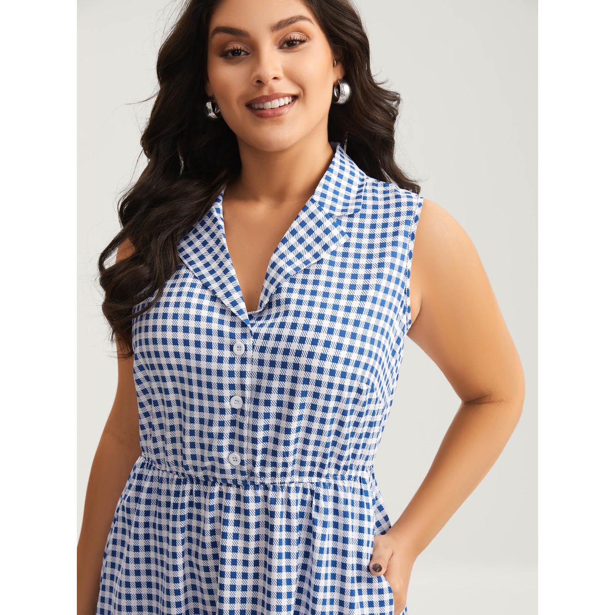 Plus Size Plaid Print Button Pockets Midi Dress Mediumblue Women Suit Collar Sleeveless Curvy BloomChic 18-20/2X Product Image